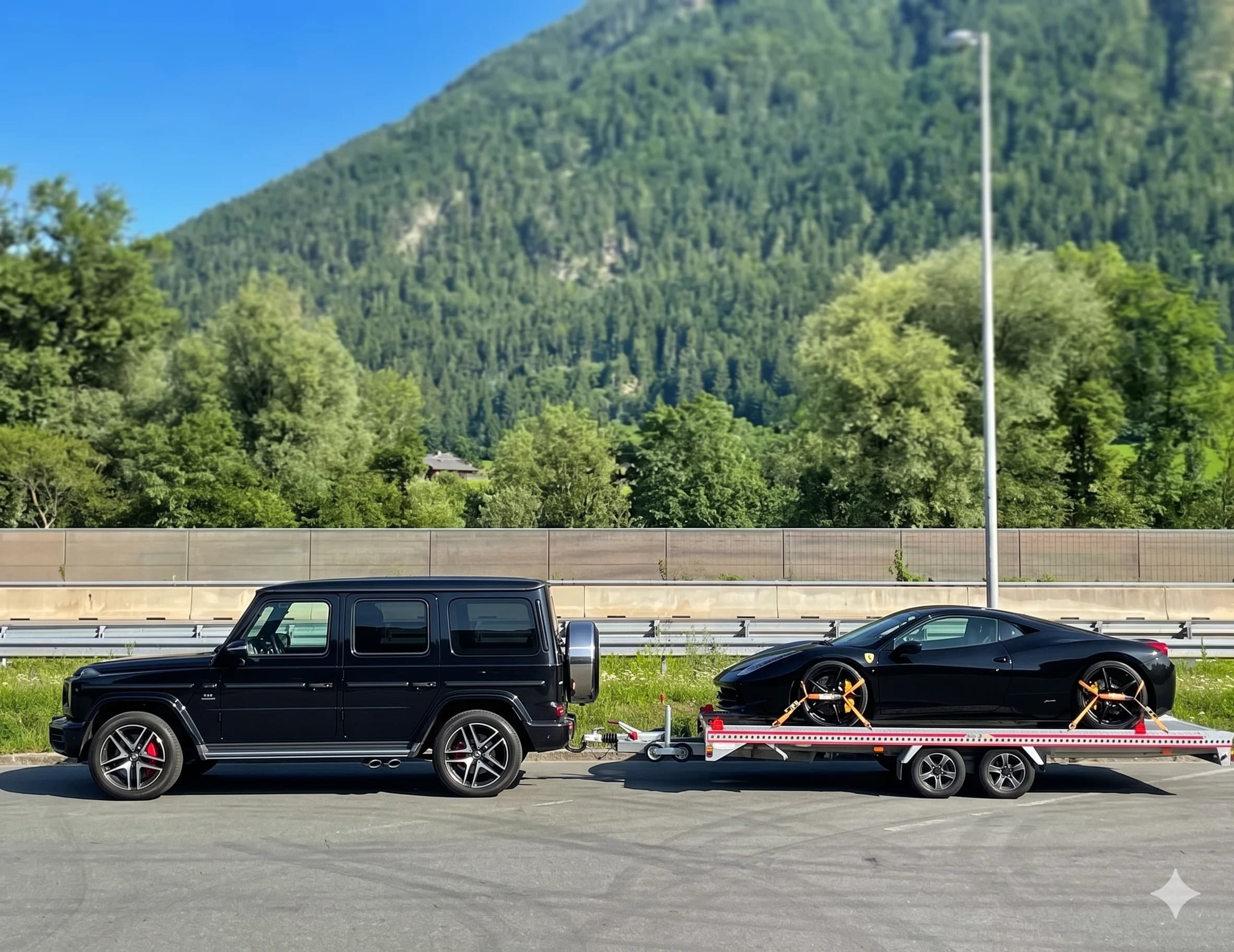 Mercedes-AMG G63 und Ferrari 458, von RG Automotive in der Schweiz transportiert